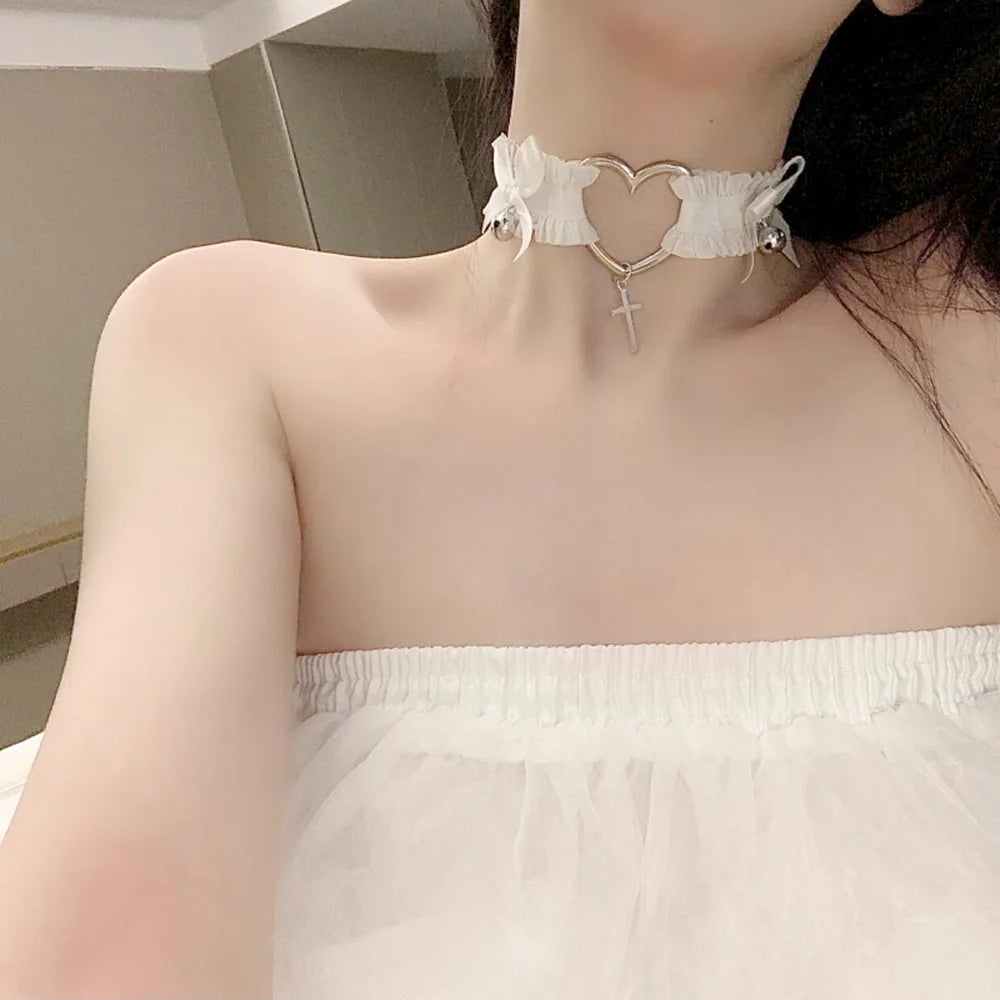 Sexy Cute Heart Bow Lace Choker Necklace Cross Bell Leg Accessories Elastic Loop Jk Gothic Punk Harajuku Collar