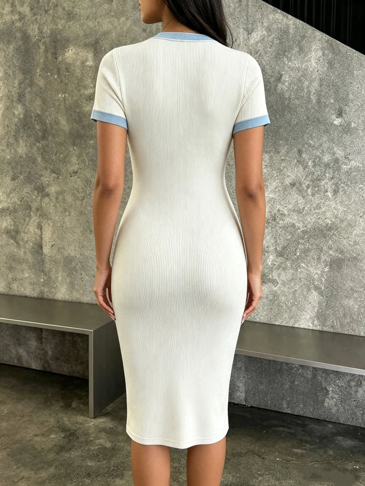 Women Elegant Color Block Knit Midi Dress V Neck Button Bodycon Pencil Dress Casual Office Slim Short Sleeve Party Dresses