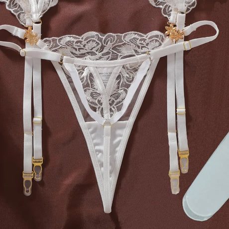 Women's Burgundy Lace Lingerie Set Underwire Bra Thong Panty Garter Straps Stockings Floral Embroidery Sexy Underwear Outfit