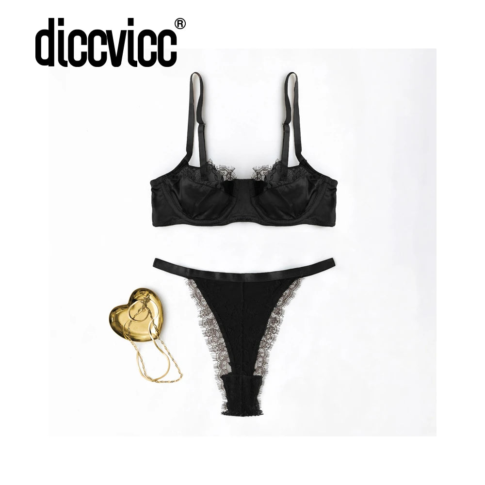 Diccvicc Lingerie for Women Eyelash Lace Bra Panty Set Elegant Patchwork Seductive Underwear Female Intimacy Wear Sensual Kit