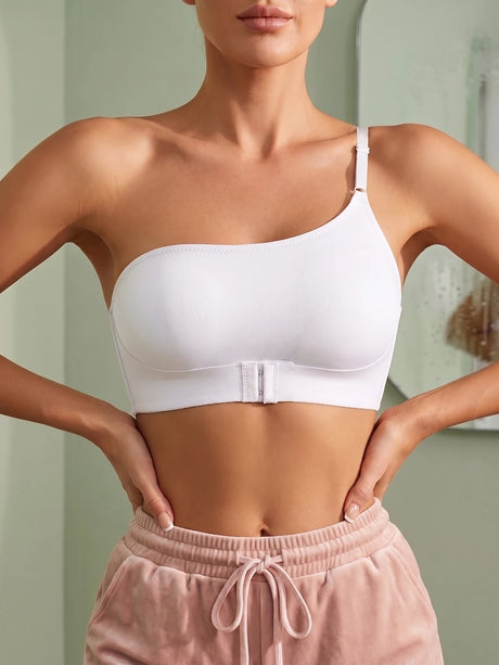 One Shoulder Women Bra Wireless Solid Front-Clasp Push up Bra Non-slip Unlined Comfortable Bra