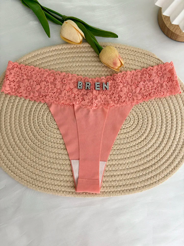 Custom Thong Crystal Letter Name G-string Women Ice Silk Panties Skin Effect Panty Seamless Knickers Girlfriend Anniversary Gift
