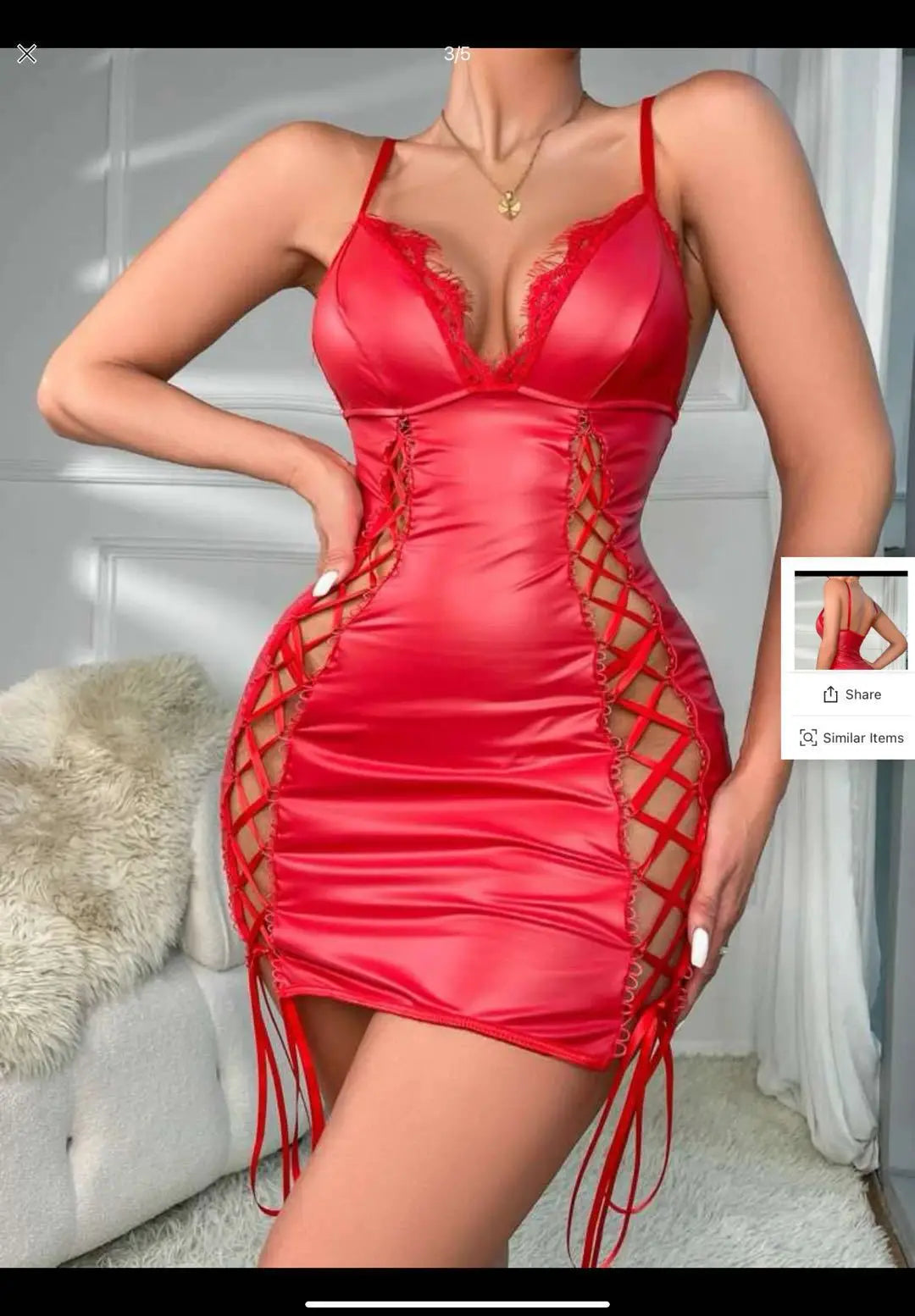 Women's Red Satin Mini Chemise Nightdress with Floral Lace Cups Lace Up Sides Garter Straps and Matching Stockings Lingerie