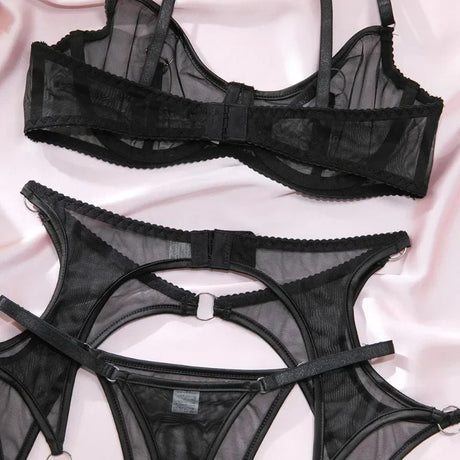 Lingerie Set Sexy See Through Mesh Push Up Bra Contrast Color Metal Ring Decor High Elasticity Two Piece Sexy Lingerie for Women