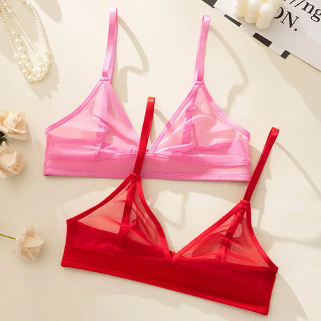 Sexy Transparent Ladies' Brassiere Three-piece Women's Bra Small Bust Mesh Lingerie Ultra-thin Triangle Double Shoulder Straps