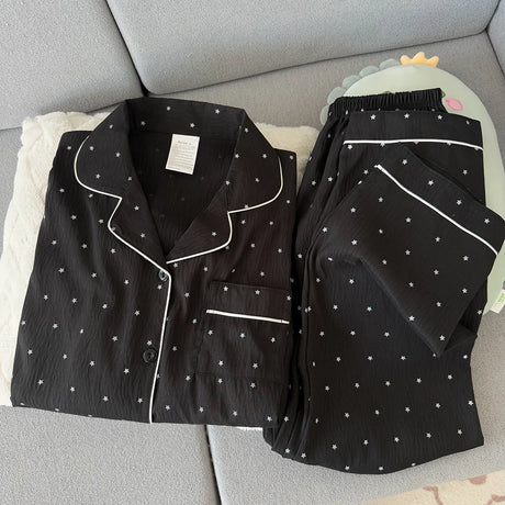 Spring and Autumn Large Black Pajama Women's Long Sleeve Set Sweet Cardigan High End Home Clothes Ladies Nightwear Star Print
