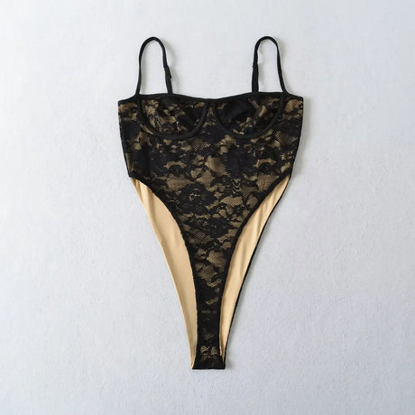 Sexy Black Floral Lace High Split Bodysuit Spaghetti Strap Elastic Slim High-Cut Tops Jumpsuits