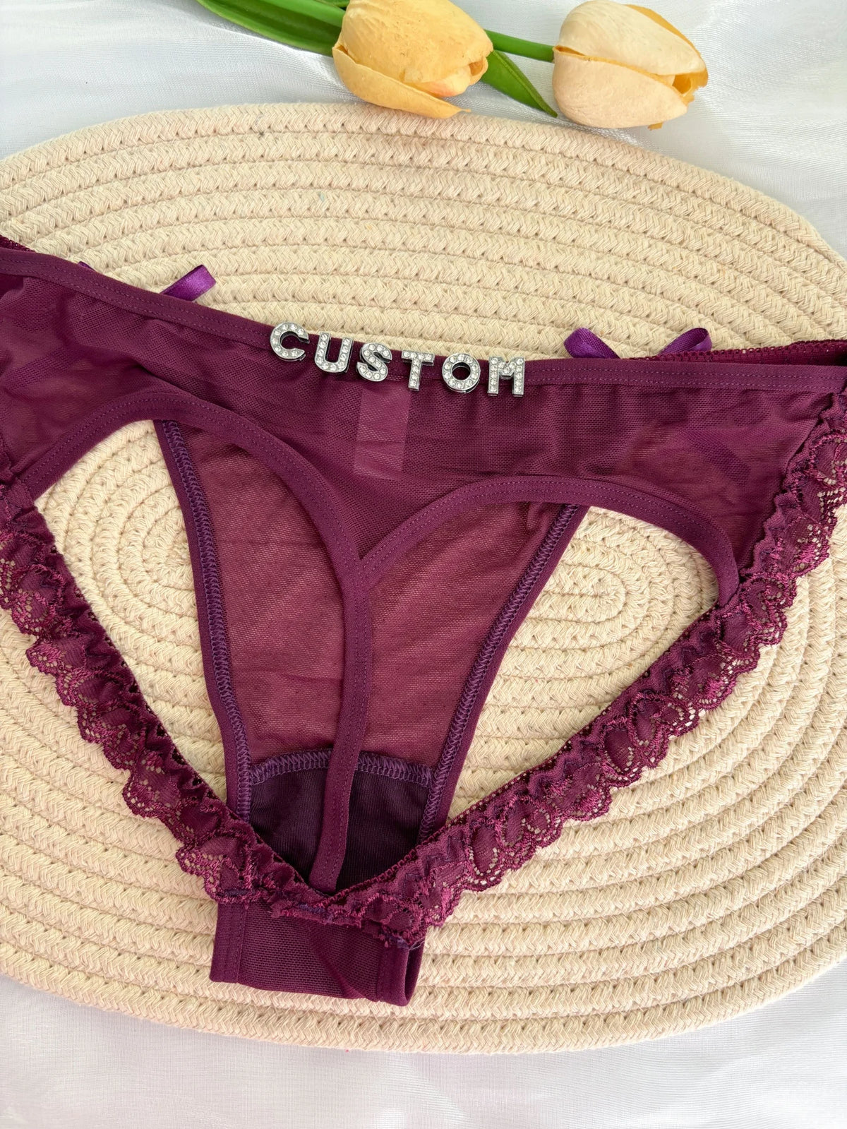 Custom Rhinestone Letter Name Underpants Sexy Mesh Panties Low Rise Hollow Hip Briefs Personalized Gift Wife Lover Anniversary