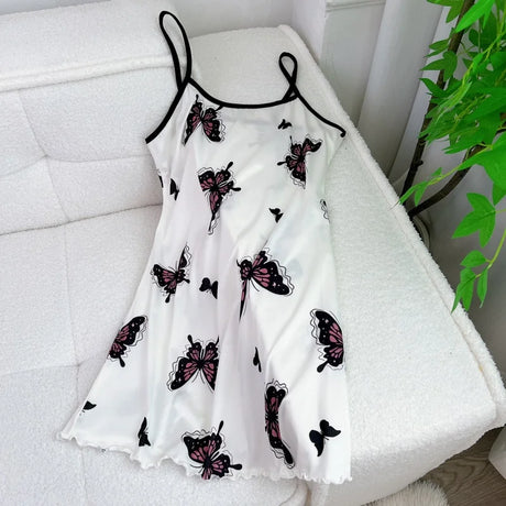 Summer Women Satin Sleepdress Cute Teddy Bear Butterfly Heart Floral Pinting Sleepwear Ladies Sexy Sling Ruffled Hem Loungewear