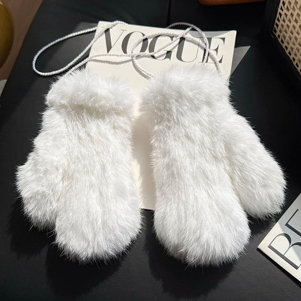 Hot Sale Women's 100% Natural Rabbit Fur Winter Gloves Warm Knit Thick Thermal Mittens Soft Real Fur Outdoor Cold Weather Glove
