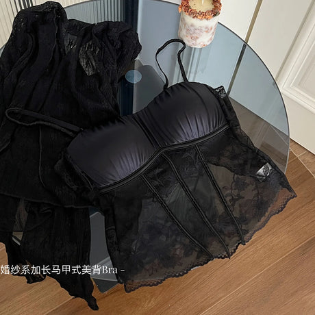 Women Elegant French Longline Lingerie, Lace Satin Wireless Bra, Push Up Sexy Open Back, Luxury Bridal Underwear Fit Small Bust