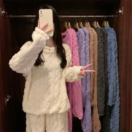 Women's Autumn and Winter Thermal Pajamas Sets Coral Velvet Jacquard Warm Loungewear Female Soft Comfortable Thickened Sleepwear