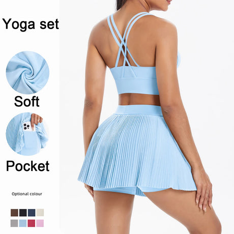 2pcs New Sexy Yoga Set Backless Cross Straps Sports Bra Fashion Breathable Culotte Yoga Shorts With Pocket Gym Women Sports Set