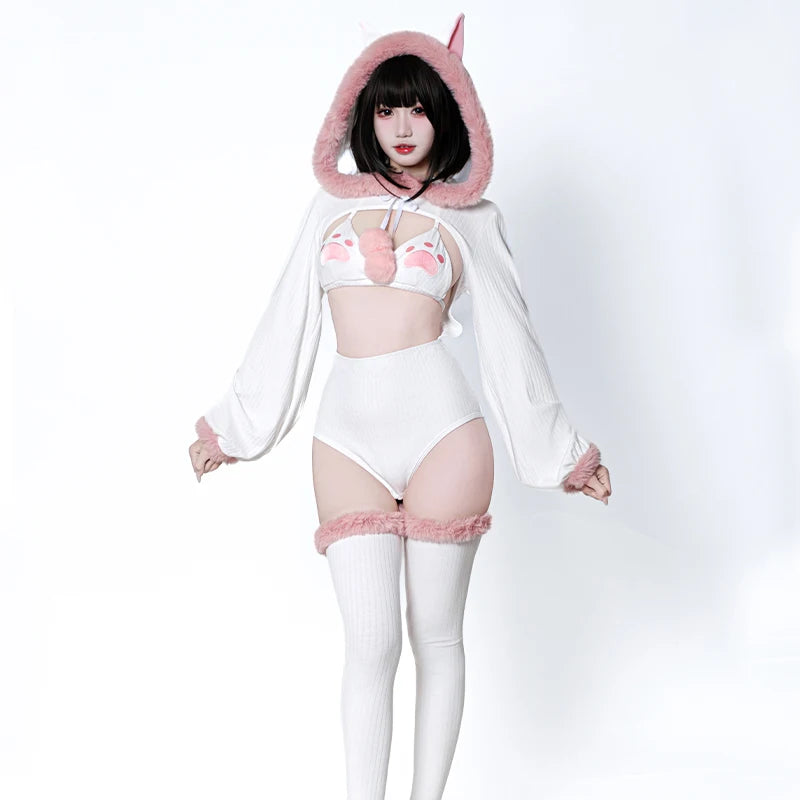 SENMHS Original Japanese Sweet Lolita Cat Girl Cosplay Set Women Kawaii Cat Paw Bikini with Hooded Bodysuit Photo Shoot Hallowee