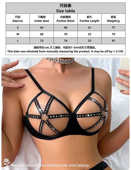 Women's 2-Piece Lingerie Set Studded Hollow-Out Push-Up Bra Cupless Steel Underwire Lace-Up Thong Erotic Underwear Kit