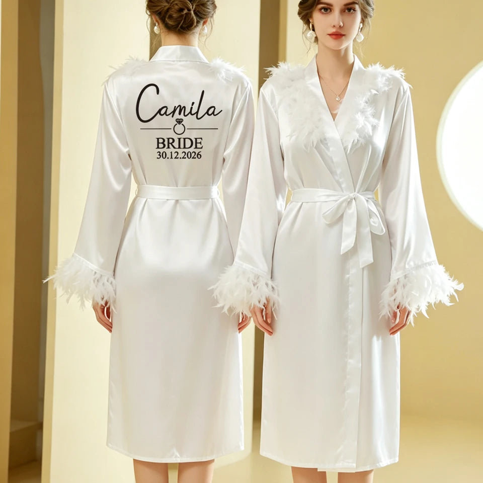 Personalized Name Date Wedding Feather Bride Robe Bridesmaid Bathrobe Nightwear Long Elegant Woman Gown Sexy Nightgown for Party