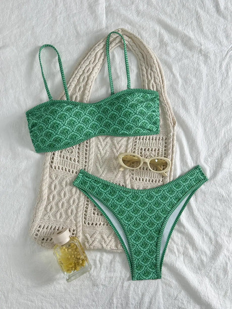 Sexy Bandeau Bikini Women Green Floral Pleate Push Up Padded Thong Swimsuit Summer Bathing Suit Two Piece Swimwear Biquini