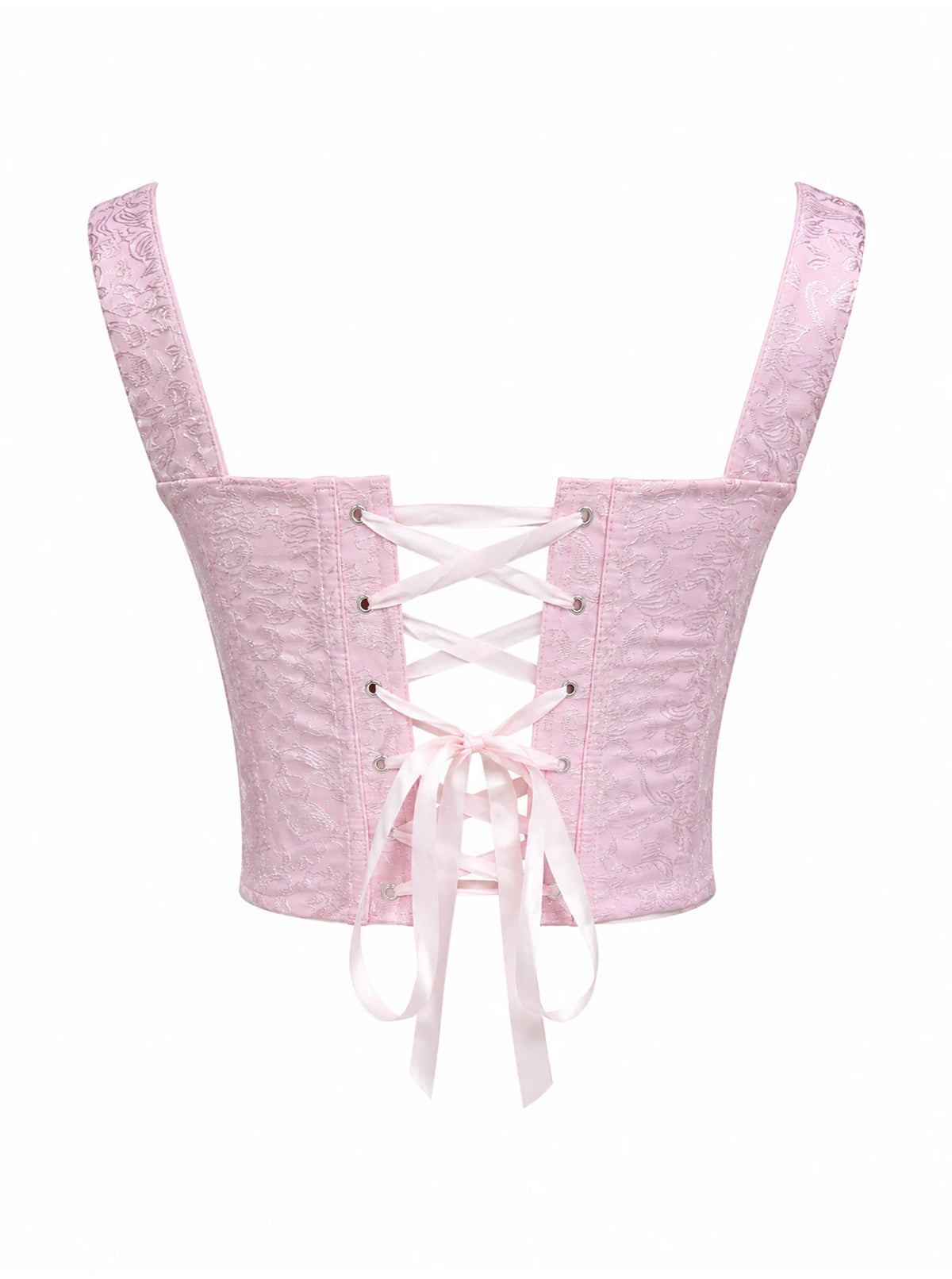 Floral Jacquard Wide Strap Corset Top Front Hook Back Lace Up Square Neck For Women