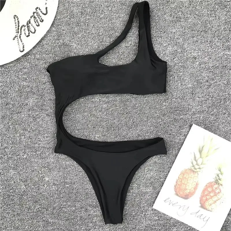 One Shoulder Swimwear Women One Pieces Swimsuit Solid Badpak Dames Beach Wear Hollow Out Monokini Maillot De Bain Trikini Mujer