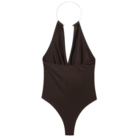 HXAO Sexy Halter Neck Bodysuit Women Summer Brown White Slimming Body Backless Off Shoulder Sleeveless Thong Top Women Bodysuit