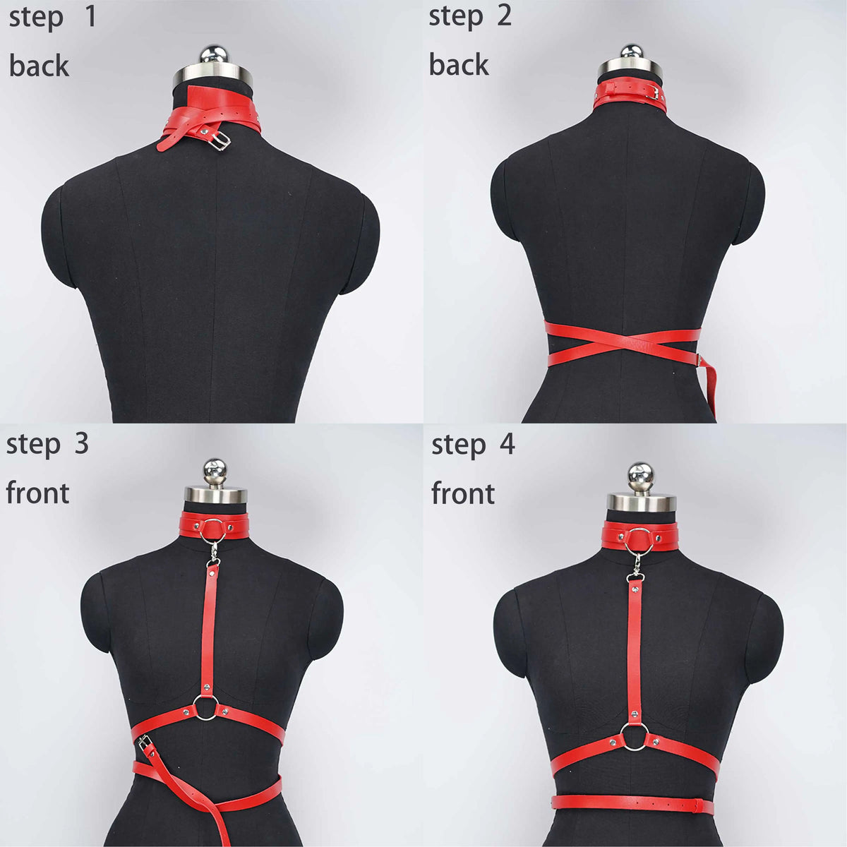 Red Leather Choker Necklace & Body Harness Set - Adjustable Straps, Punk Gothic Style, Waist Belt Jewelry Accessory for Women