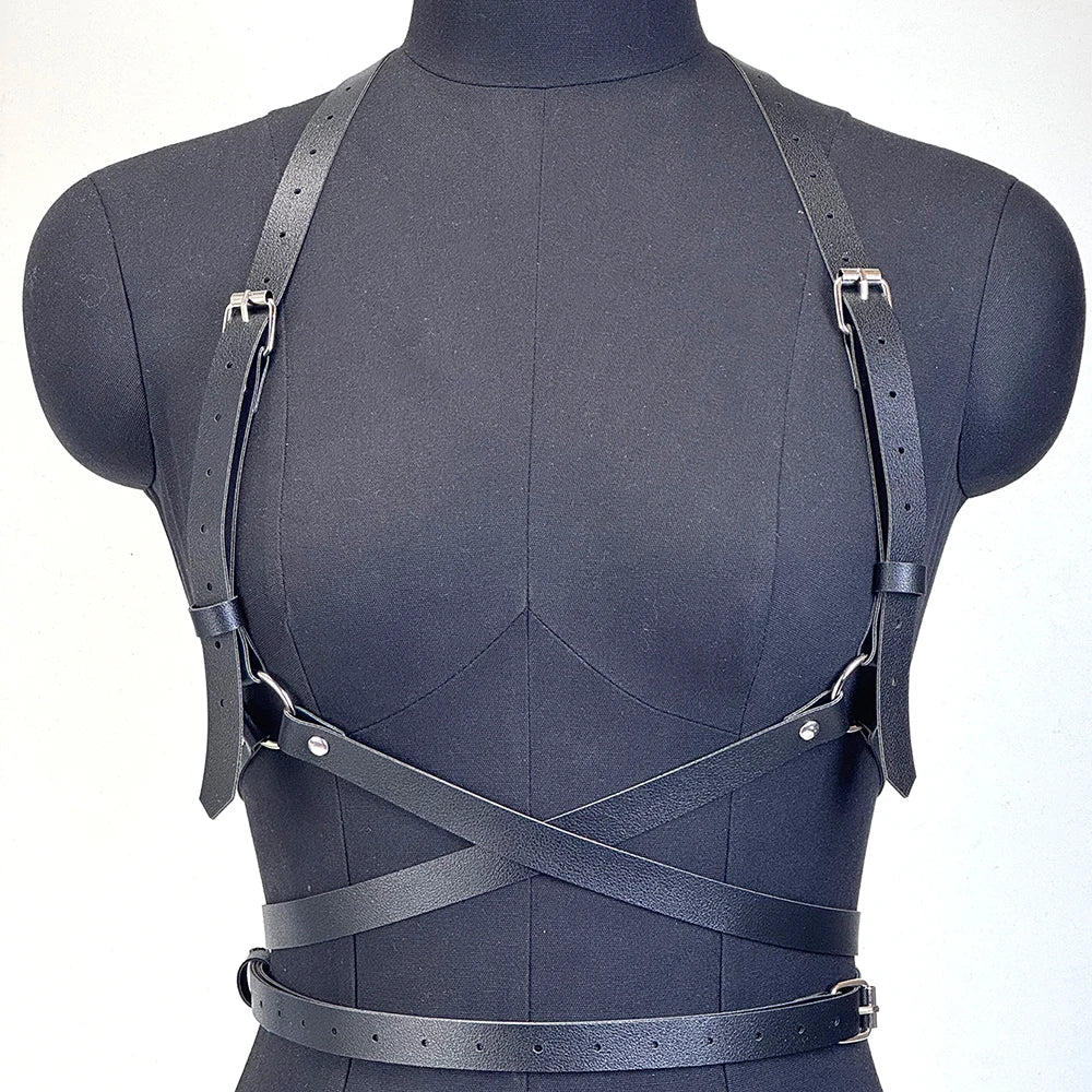 Women Fashion Harness Waist Belt Set PU Leather Harness Waist Belt Body Harness Breast Leg Garter Belt Goth Clothing Accessory