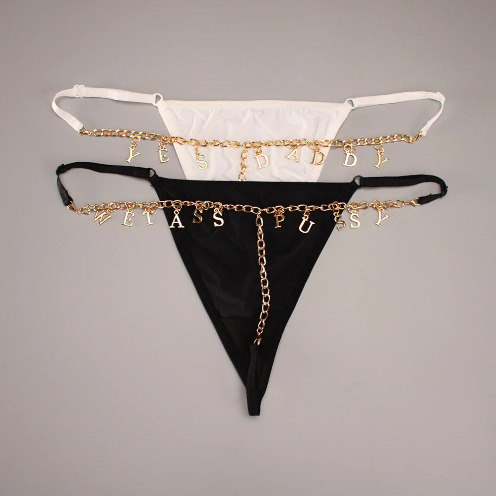 Personality Sexy Custom Name Gold Metal Letter Thong Panties Waist G-Strings Exotic Lingerie Breathable Underwear Ladies