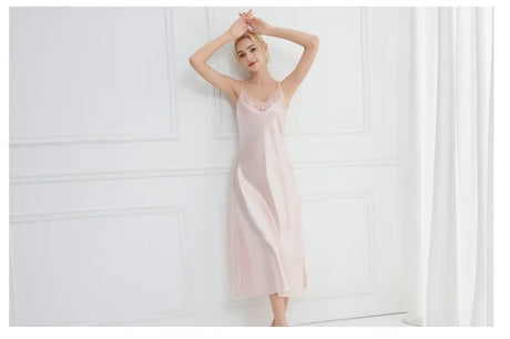 Sexy Women Long Nightgown Intimate Lingerie Patchwork Lace Suspender Nightdress Chemise Sleepwear Loungewear Silk Satin Homewear