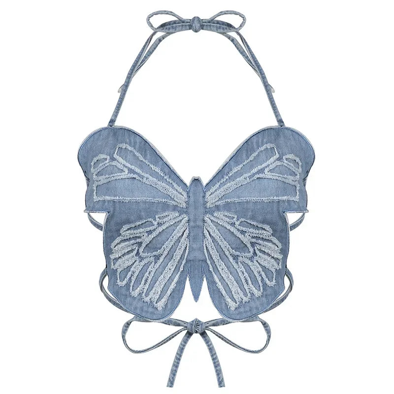 Hot Butterfly Jeans Crop Top Backless Strap Camis Sexy Lingerie Bow Bra Women Beach Mini Vest Butterfly Tank Tops Party Clubwear