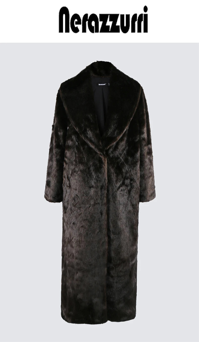 Nerazzurri Autumn Winter Extra Long Thick Warm Brown Fluffy Faux Mink Fur Coat Women Luxury Elegant Chic Furry Overcoat 2024
