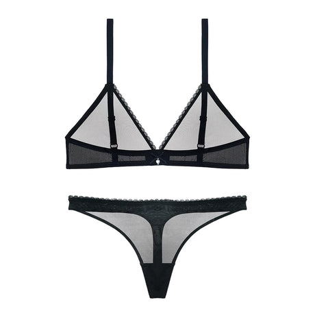 Sexy ladies see through elastic mesh bra set women wire free white underwear bra+thong lingerie set