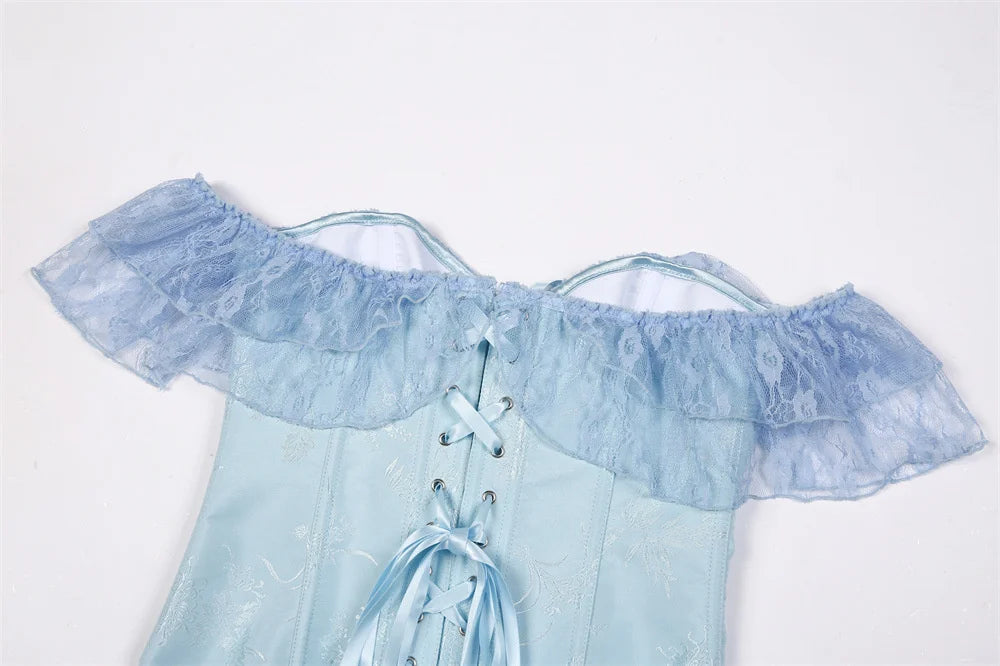 Women Sky Blue Retro Jacquard Corset Tops Lace Short Sleeved One Shoulder Sexy Slimming Shaper Overbust Bustiers Lingerie