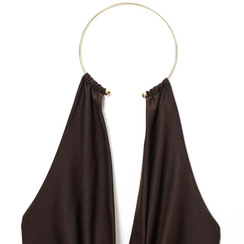 HXAO Sexy Halter Neck Bodysuit Women Summer Brown White Slimming Body Backless Off Shoulder Sleeveless Thong Top Women Bodysuit