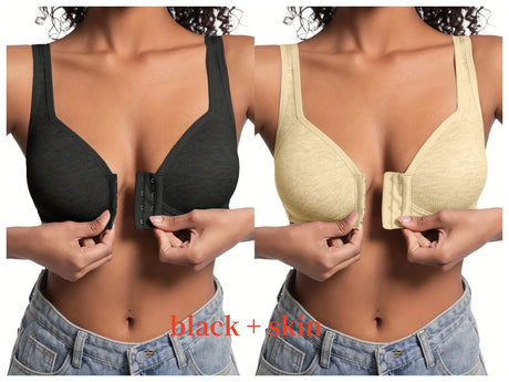 Women's Bra Wire-Free Front Closure Solid Color Full Coverage Fixed Cups More Considerate for Middle-Aged And Elderly Individual