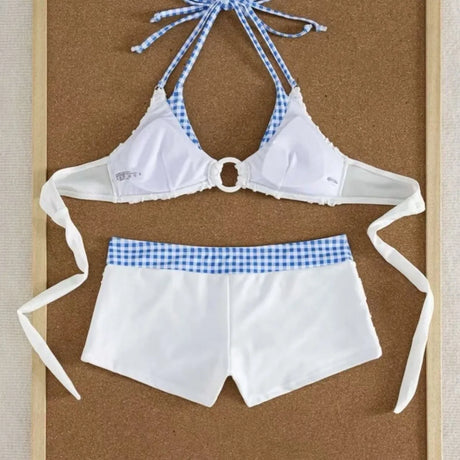 Women Floral Textured Bikini Set Gingham Contrast O-Ring Triangle Top High Waist Boy Short 2 Piece Swimsuit Bathing Suits
