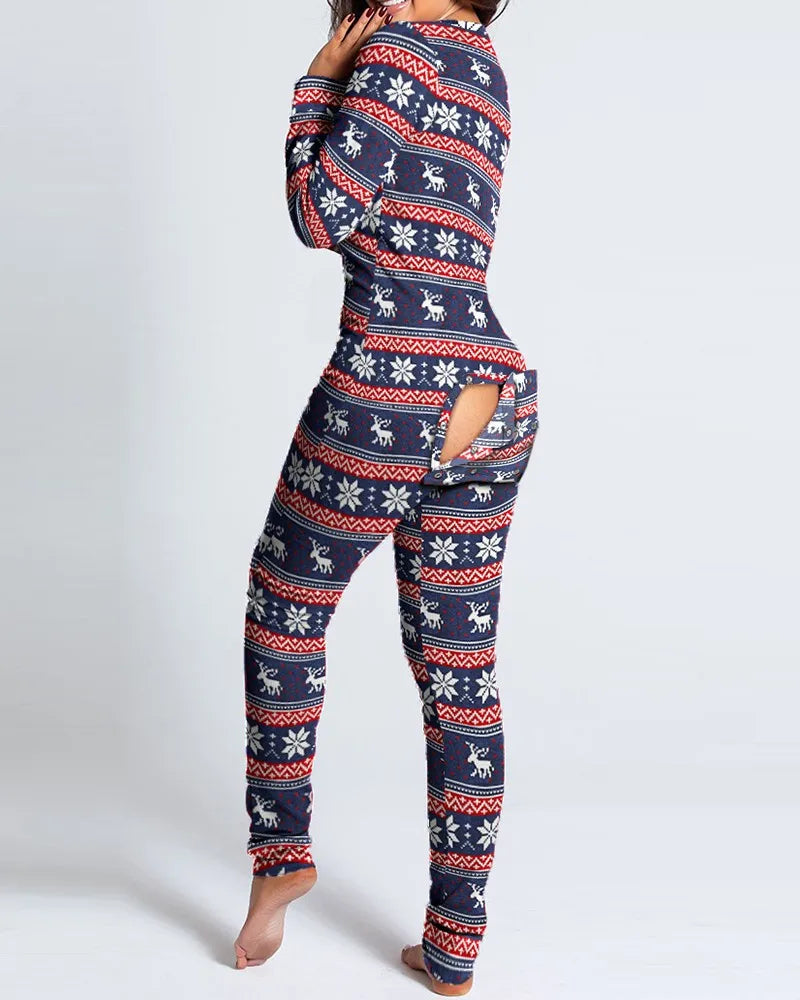 Sexy Pyjama Women's Long Sleeves Homewear Suit Button-Down Front Back Butt Bum Open Ass Flap Jumpsuit Loungewear Christmas Print