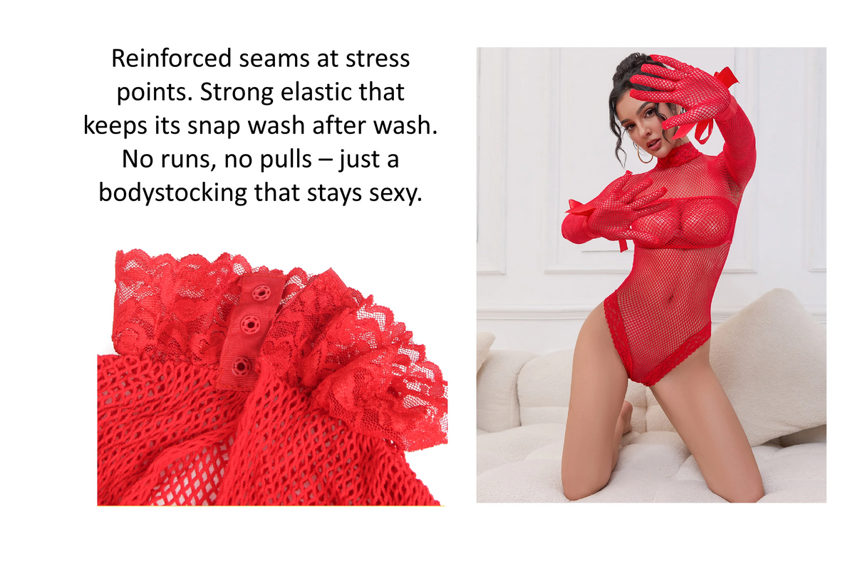 Sexy Fishnet Bodystocking Long Sleeve Bodysuit for Women Plus Size 5XL 2 Piece Lace Trim Open Crotch Teddy Lingerie