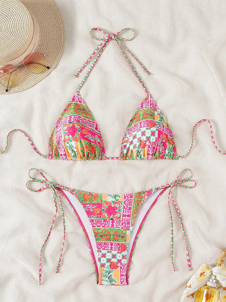 Swimsuit 2026 Female Micro Bikini Women Swimwear Summer Beachwear Women's Bathing Suit Floral Print Neck Halter Thong Bikini Set