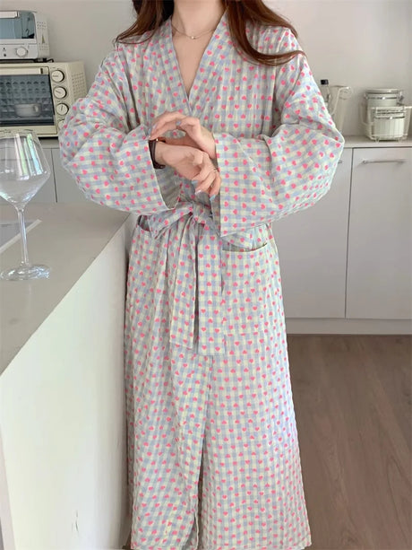 CHUANGERM Women Sweet Plaid Long Sleeve V‑Neck Lace Up Loose Medium‑Long Robe Comfortable Sexy Home Wear Loungewear