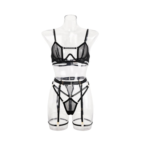Hollow Out Lingerie Set Women Sexy Push Up Underwired Diamond Patchwork Bra Brief Underwear Set Black Bandage Garter Erotic Suit