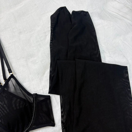 Tornova Erotic Lingerie New Mesh See-through Sexy Hollow Chest + Metal Decoration with Gloves and Stockings Sexy Underwear Set