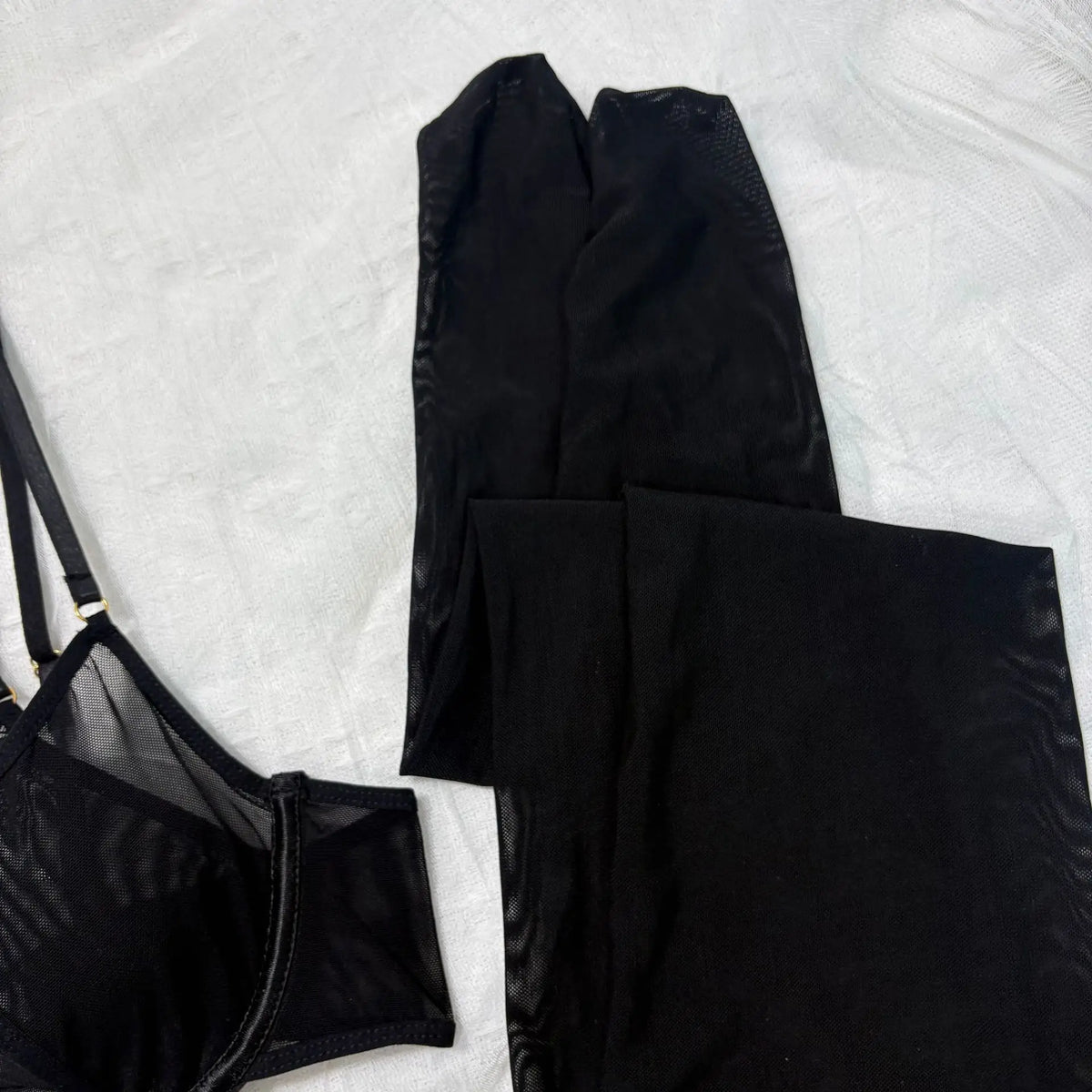 Tornova Erotic Lingerie New Mesh See-through Sexy Hollow Chest + Metal Decoration with Gloves and Stockings Sexy Underwear Set