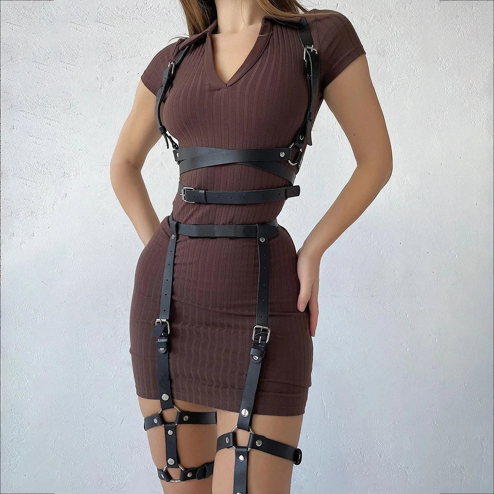 Women Fashion Harness Waist Belt Set PU Leather Harness Waist Belt Body Harness Breast Leg Garter Belt Goth Clothing Accessory