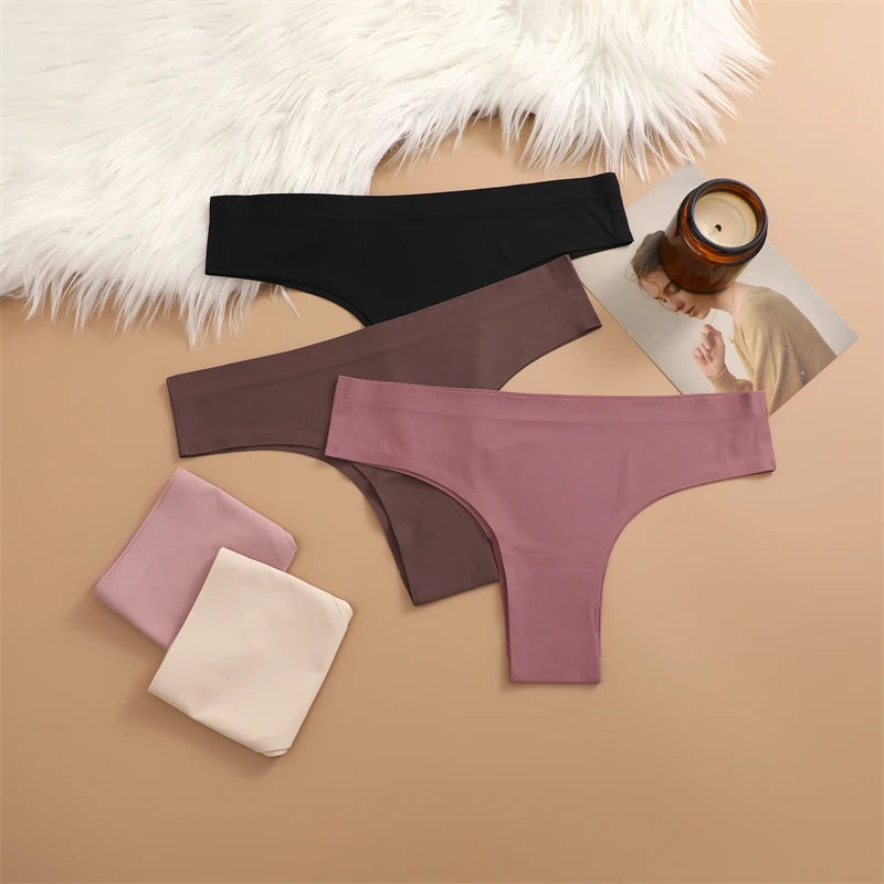 FINETOO 3PC Women Seamless Panties Sexy Brazilian Thong Female Low Waist Solid Color Briefs Comfortable Invisible G-string Panty