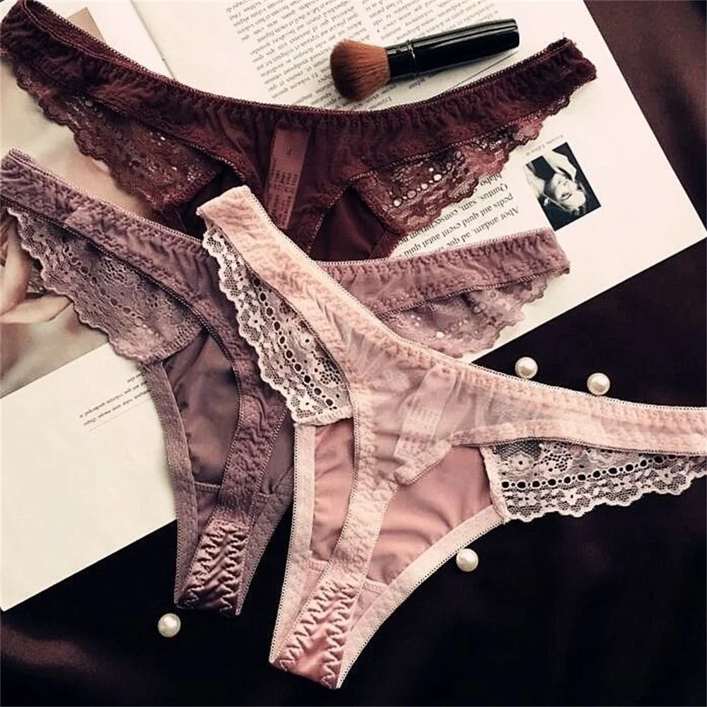 Hollow Lace Sexy Glossy Satin Silk Smooth Thong Women Sexy Low Waist G-string Underwear Bow Seamless Lingerie