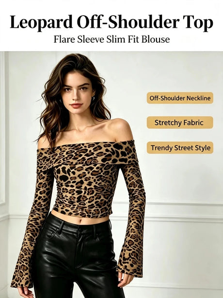 Women Sheer Off Shoulder Leopard Print Flared Long Sleeve Slim Crop Top Streetwear Party Club Short Blouse