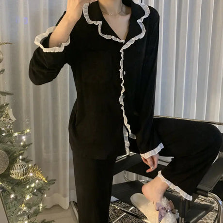 2Pcs/set Women's Nightwear Sexy Lace Long Sleeve Long Pants Simple Black Autumn and Winter Cardigan Young Girls Clothes Womens