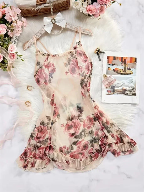 Women Floral Spaghetti Strap Nightdress Back‑cross Chemise Romantic Sleepwear for Valentine Honeymoon Dating Bedroom Loungewear