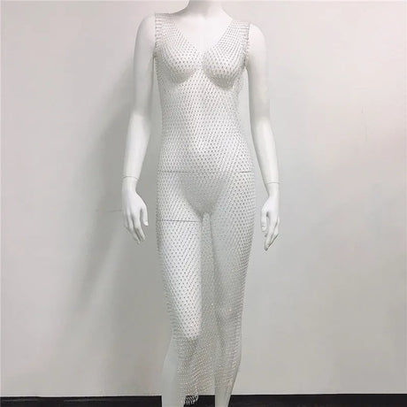 Fishnet Bling Diamonds Women Dress High Split Plaid See Through Sleeveless Summer Sexy Slim Long Dresses Dance Party Fashion New