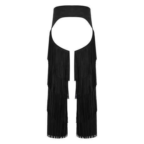 Mens Western Cowboy Chaps Fuax Suede Tassel Hollow Out Open Crotch Long Pants Adjustable Buckles Waist Motorcycle Biker Trousers